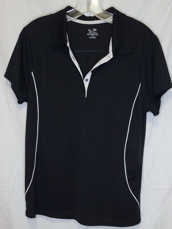 Champion Tops - Champion Women's Performance Polo Shirt Black White Accent Semi-Fitted Large